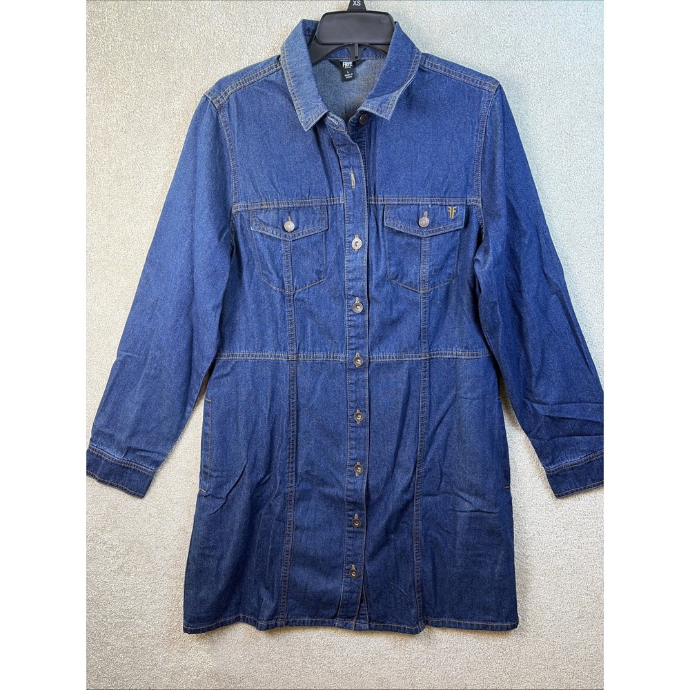 Frye Denim Dress Wmn Large Blue Cinch Waist Pockets Button Front Cottagecore NEW - Picture 2 of 7